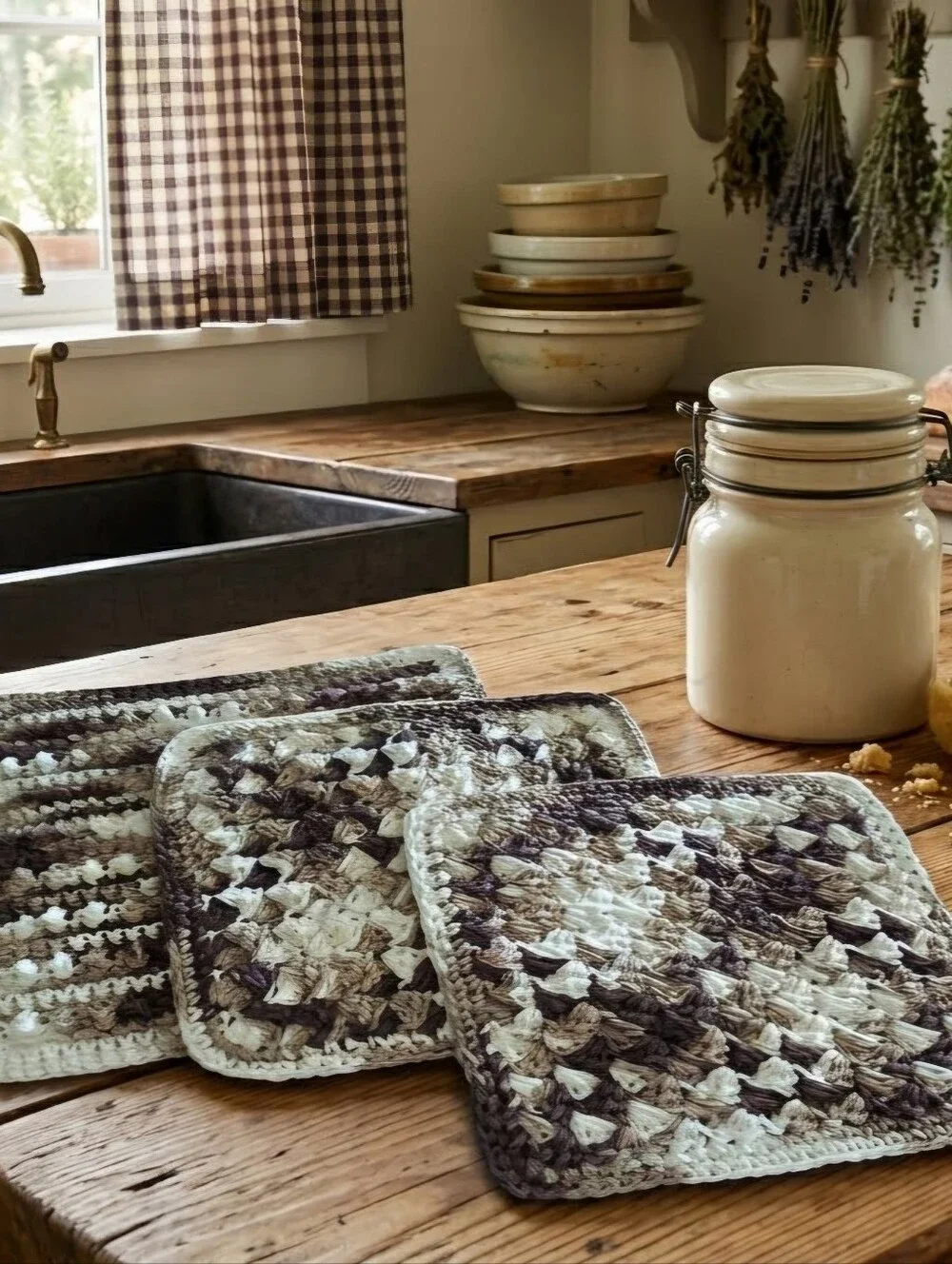 Handcrafted Crochet Dishcloth Set 8x8 EcoFriendly Cotton Neutral Cottage Palette